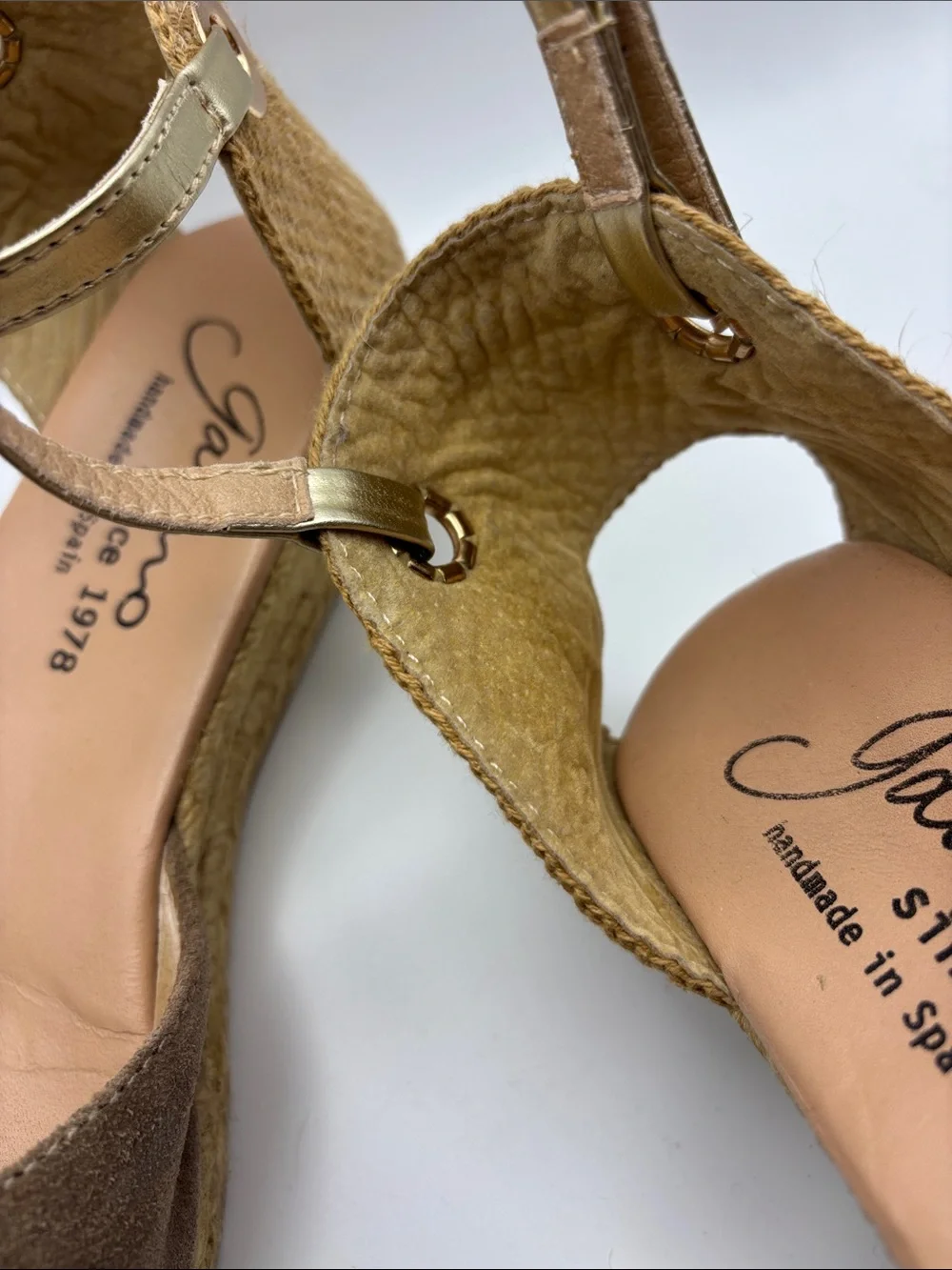Gaimo Taupe Suede Espadrille Wedge with Gold Ankle Strap Size 40/9